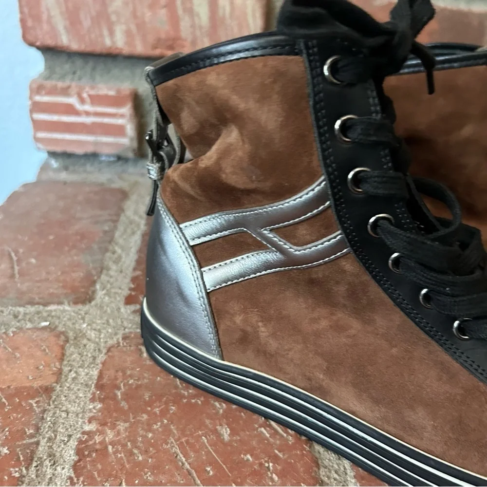 Hogan Rebel Hi Top Suede Lace Up Sneakers in Brown Sz 7.5 Women’s